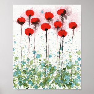 Röda och akvatiska vallmor, akvarell blommor vägg poster