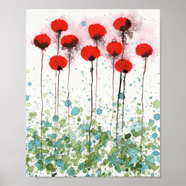 Röda och akvatiska vallmor, akvarell blommor vägg poster (Framsidan)