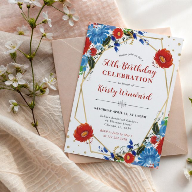 Röda och Blå Blommor Ram 50-årsdag Inbjudningar (Skapare uppladdad)