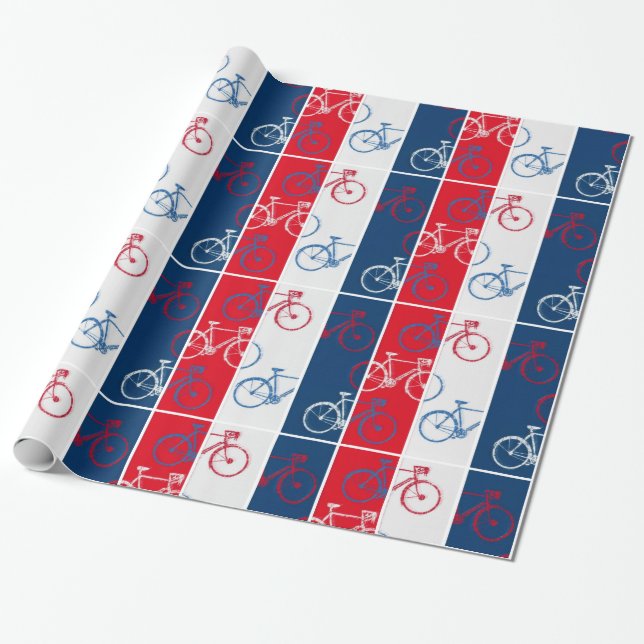 röda och blå cyklar, strimlade och coola presentpapper (Utrullad)