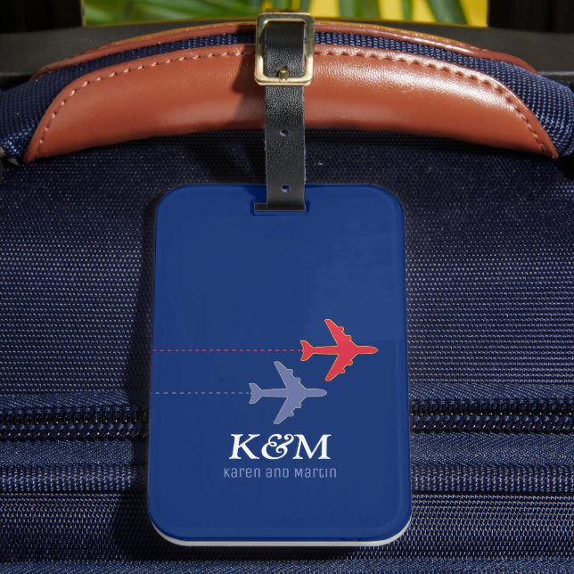 Röda och blå flygplan med lite Namn Travel Bagagebricka (Framsida Insitu 2)