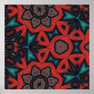 Röda och Blå Kalejdoskopiska Mandala Blommiga Möns Poster