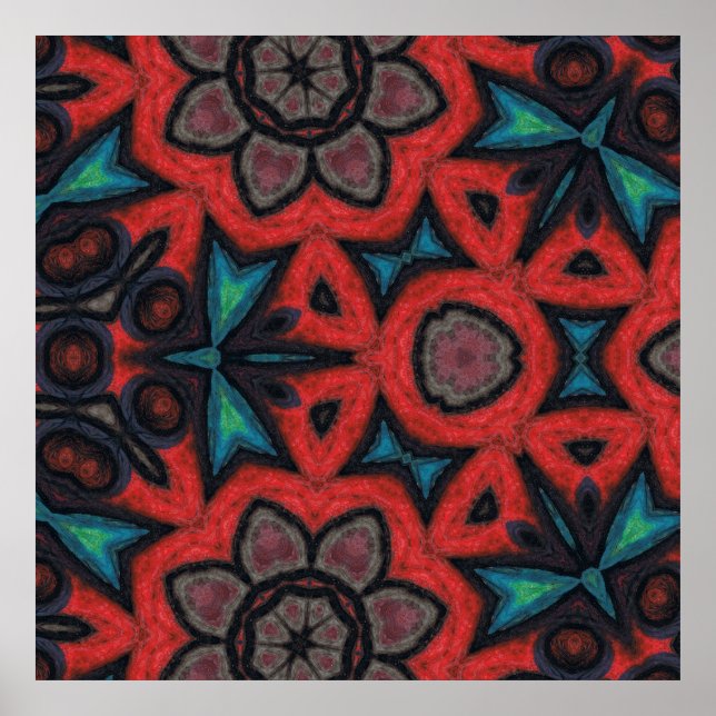 Röda och Blå Kalejdoskopiska Mandala Blommiga Möns Poster (Framsidan)