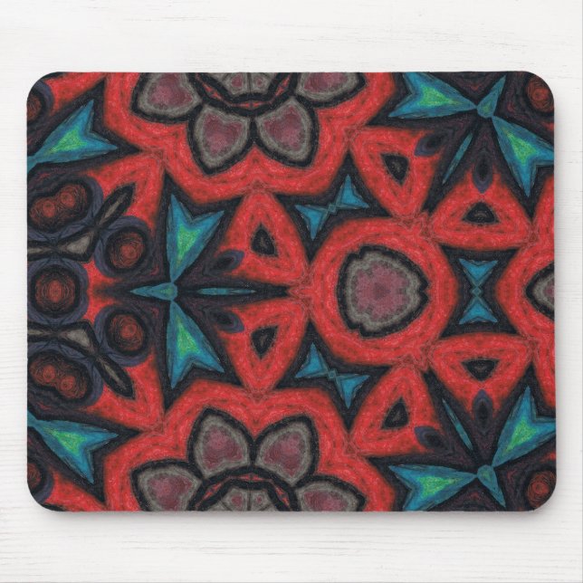 Röda och blå kalejdoskopiska mandala blommönster musmatta (Framsidan)