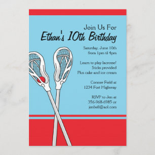 Röda och blå lacrosse Thed Birthday-inbjudningar. Inbjudningar