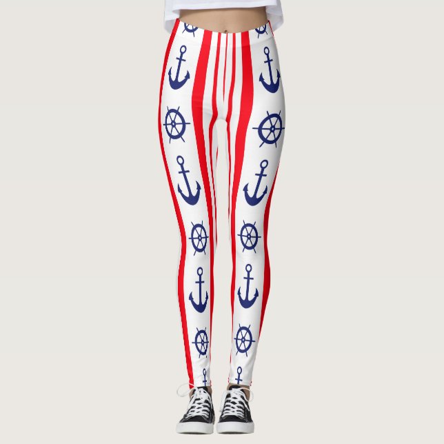 Röda och blå nautiska ankare och fartygsratt leggings (Framsida)