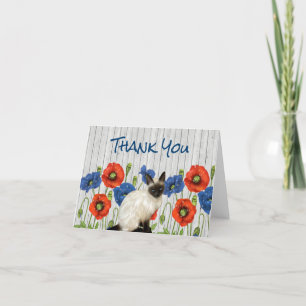 Röda och blå poppies med siamesisk katt tack kort