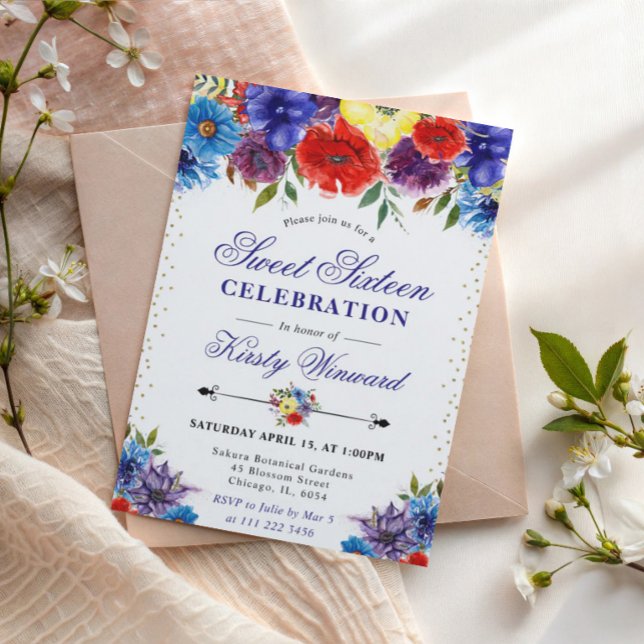 Röda och Blå Sommar Boho Blommor Söta Sexton Inbjudningar (Skapare uppladdad)