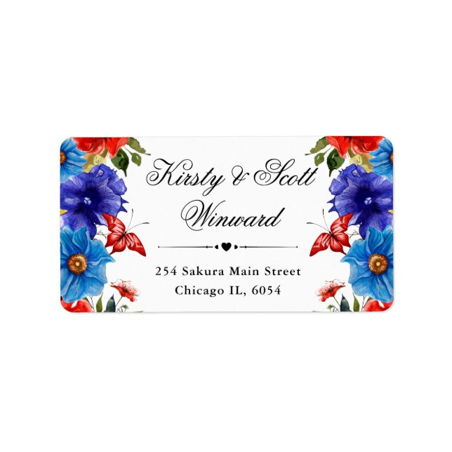 Röda och blå sommarblommor adress adressetikett (Framsidan)
