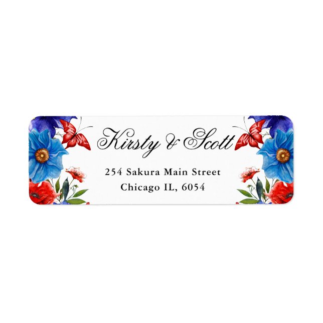 Röda och blå sommarblommor adress returadress etikett (Framsidan)