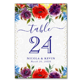Röda och blå sommarblommor Bröllop Bordsnummer
