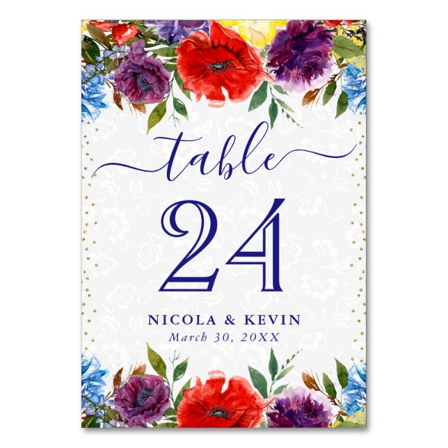 Röda och blå sommarblommor Bröllop Bordsnummer (Framsidan)