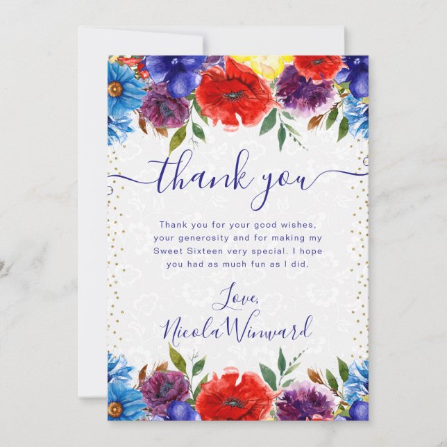 Röda och blå sommarblommor, sötad 16 tack kort (Framsida)