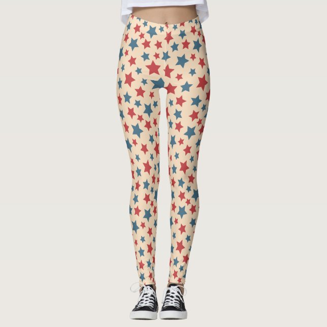 Röda och blå stjärnor, 4:e juli, Beige bakgrund Leggings (Framsida)