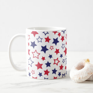 Röda och blå stjärnor, 4 juli, vit bakgrund kaffemugg