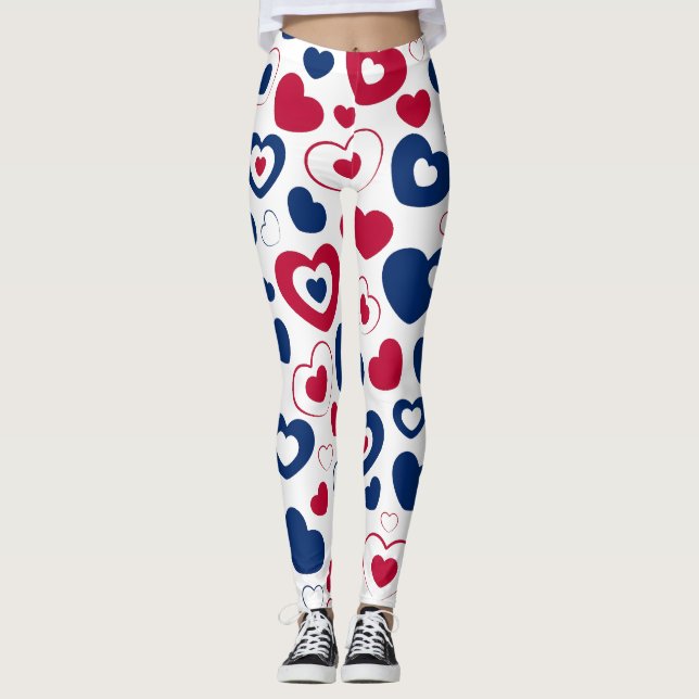 Röda och blå stora hjärtan Leggings (Framsida)