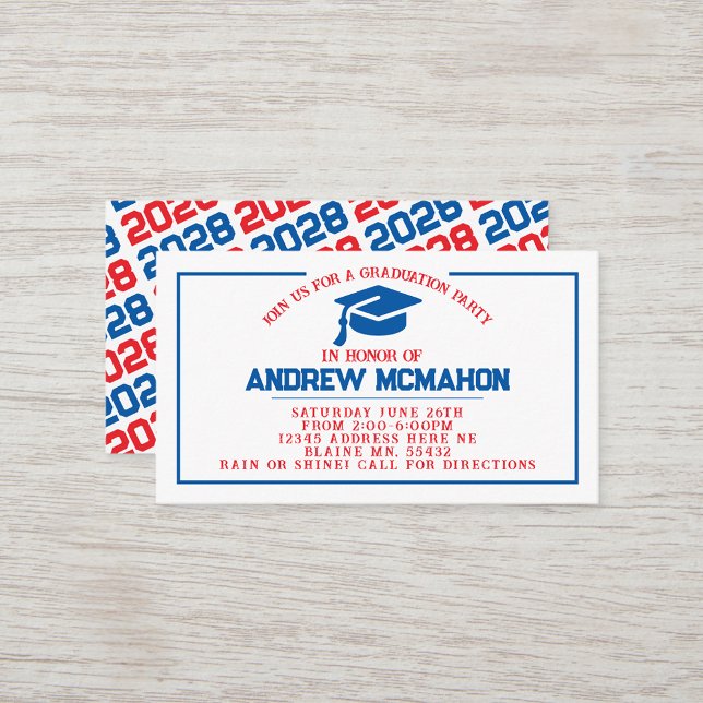 Röda och blå Studenten-Inbjudan-meddelande infogni Visitkort (Blue, White and Red Mini Graduation Invites for Friends, Team Mates or as Announcement Inserts!)