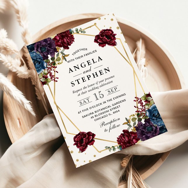 Röda och blå vinterblommor Guld Ram Bröllop Inbjudningar (Skapare uppladdad)