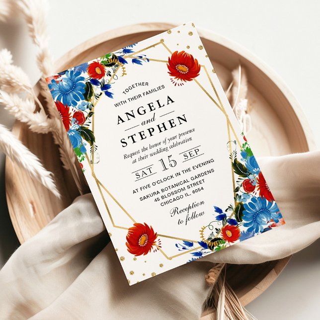 Röda och Blåa blommor Guld Ram Bröllop i i Inbjudningar (Skapare uppladdad)