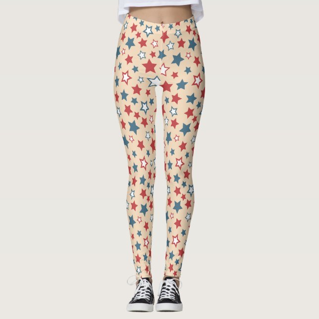 Röda och blåa stjärnor, 4:e juli, Beige bakgrund Leggings (Framsida)