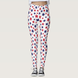 Röda och blåa stjärnor, 4 juli, vit bakgrund leggings