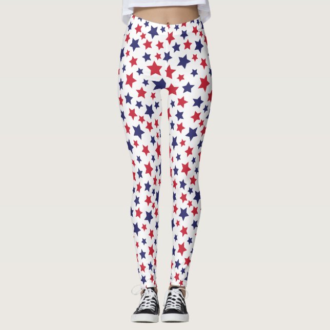 Röda och blåa stjärnor, 4 juli, vit bakgrund leggings (Framsida)