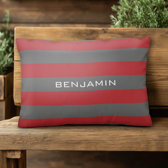 Röda och grå rugbyränder med anpassat namn prydnadskudde (Custom Pillow)