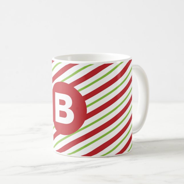 Röda och gröna diagonala pinstripes-monogram kaffemugg (Framsida höger)