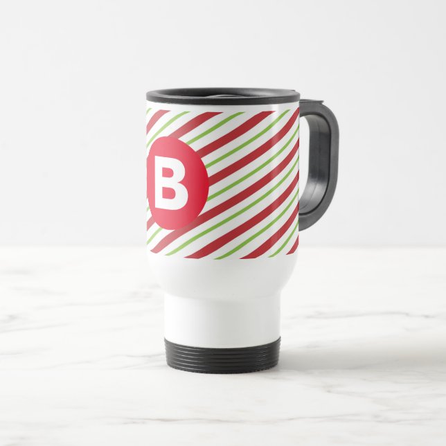 Röda och gröna diagonala randiga monogram resemugg (Framsida höger)