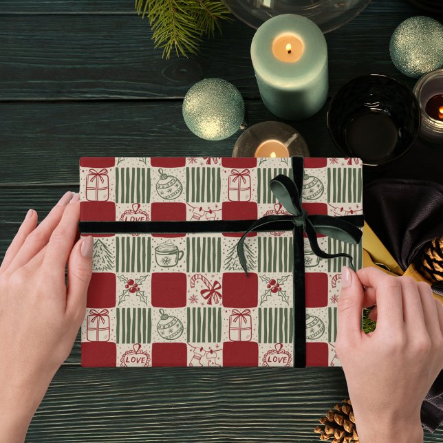 Röda och gröna handritade retro-kontroller jul presentpapper (Red and green hand drawn retro checks Christmas gift wrapping paper creative holiday gift wrap)