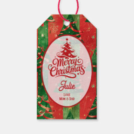 Röda och Gröna Julgranar Presentetikett
