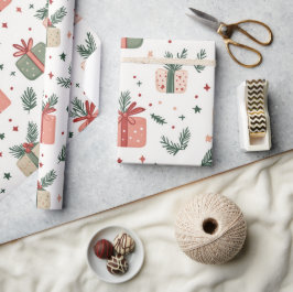 Röda och gröna presenter med tallkvistar julpresen presentpapper