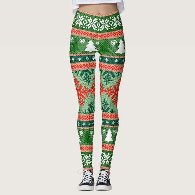 Röda och gröna rutiga snöflingelningar leggings (Framsida)