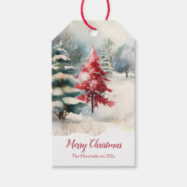 Röda och gröna tallar jul presentetikett