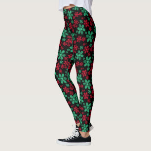 Röda och gröna tusenskönor med svart bakgrund leggings