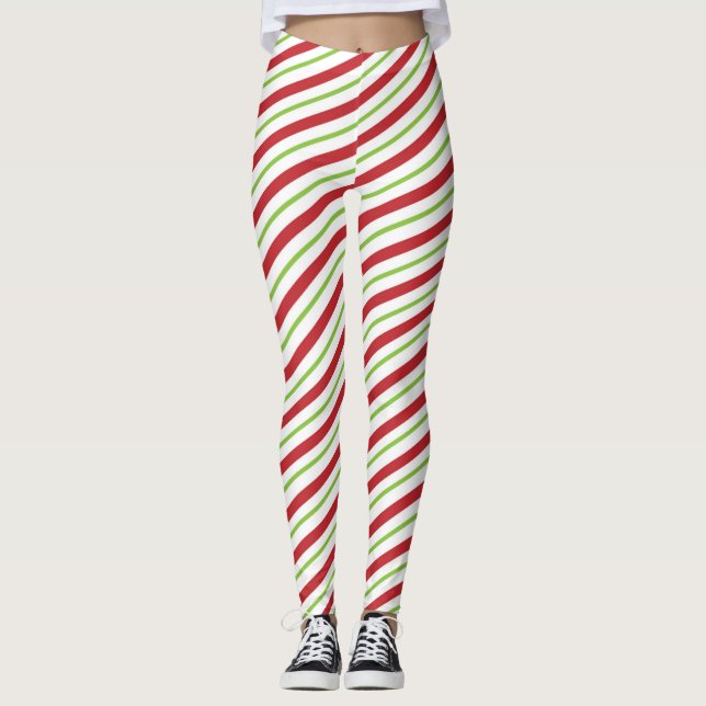 Röda och Grönt Candy cane Rand Leggings (Framsida)