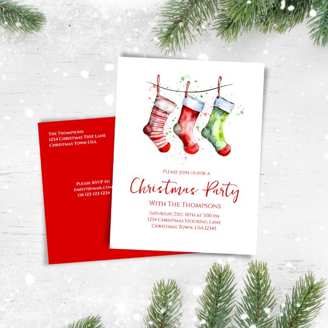 Röda och Grönt - Party-lager Helg Vykort (Whimsical Christmas party invitation postcard. )