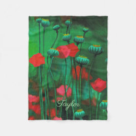 Röda och Grönt poppies, Blommigt Art-mallblommor Fleecefilt