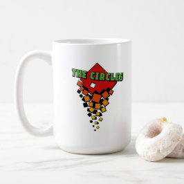 Röda och gula fyrkanter med grön cirklar-text kaffemugg