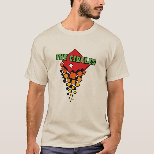 Röda och gula fyrkanter med grönt cirklar text t shirt (Framsida)