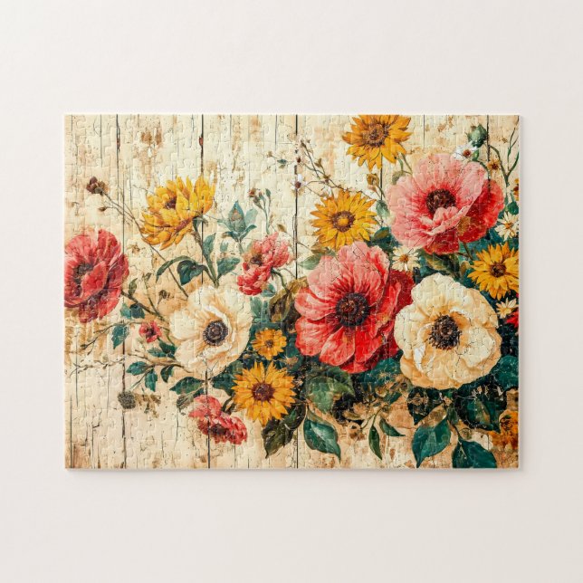 Röda och gula trädgårdsblommor på trä pussel (Horisontell)