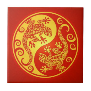 Röda och gula Yin Yang Geckos Kakelplatta