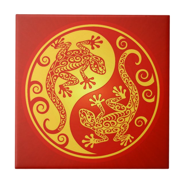 Röda och gula Yin Yang Geckos Kakelplatta (Framsidan)