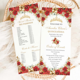 Röda och Guld Blommig Quinceanera Händelseordning Program
