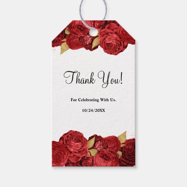 Röda och Guld Blommigten Bröllop Presentetikett (Framsidan)