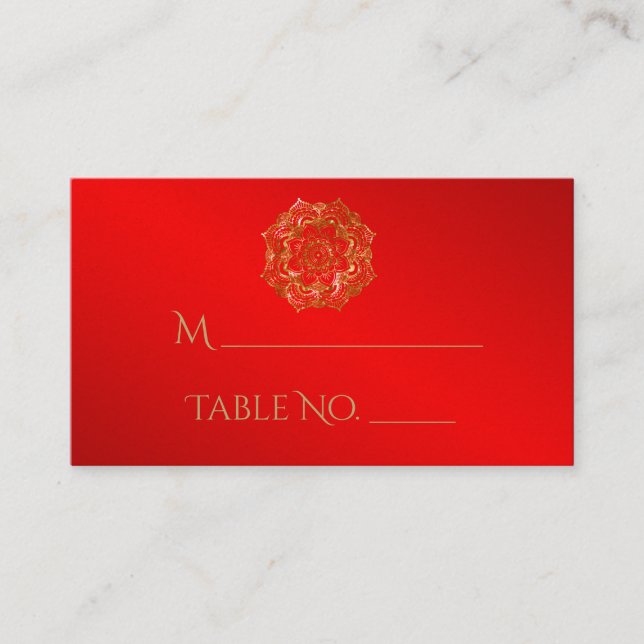 Röda och Guld Blommor indiska Bröllop-ortskort Placeringskort (Framsida)