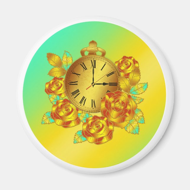 Röda och Guld Blommor och Antique Clock Magnet (Framsidan)