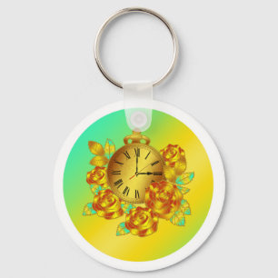 Röda och Guld Blommor och Antique Clock Nyckelring