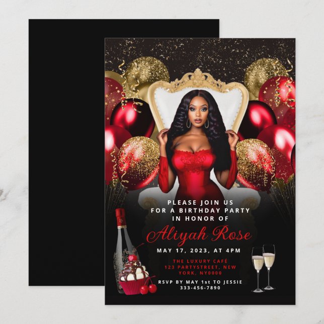 Röda och Guld-bubblor Royal födelsedag Inbjudningar (Fram/baksida)