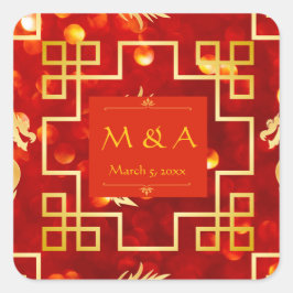 Röda och Guld Dragon Bröllop Fyrkantigt Klistermärke
